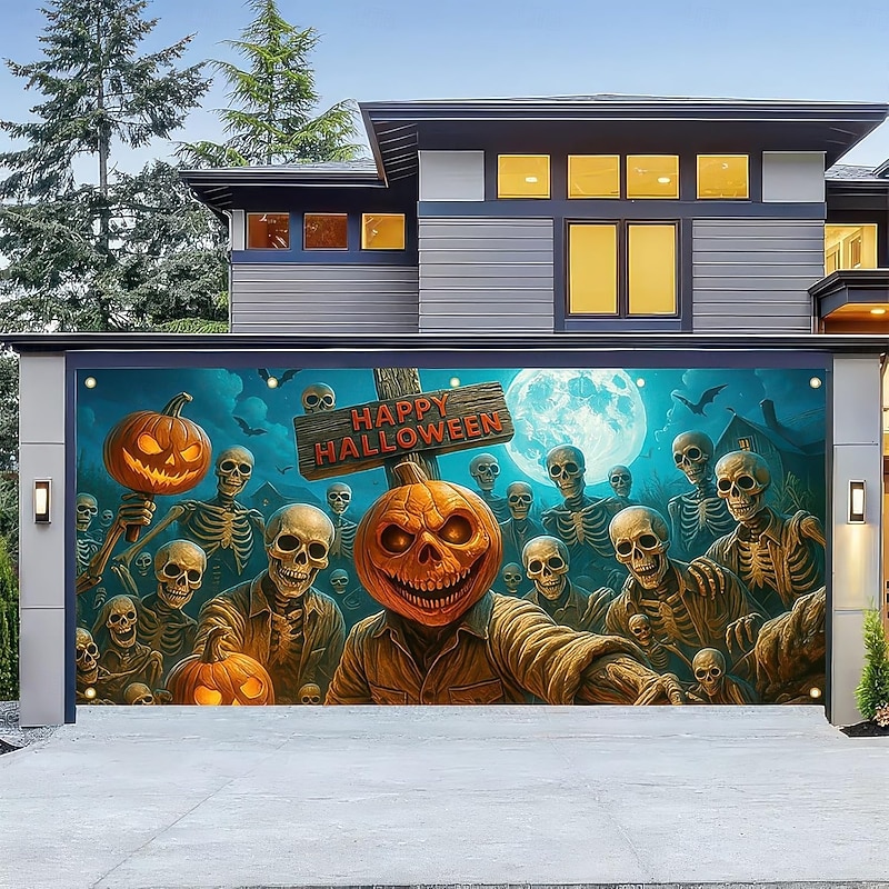 Halloween Tapestry Garage Door Cover Large Hanging Backdrop Pumpkin Ghost Dark Punk Gothic Style Party Outdoor Shooting Backgrounds Yard Haunted House Home Decor4