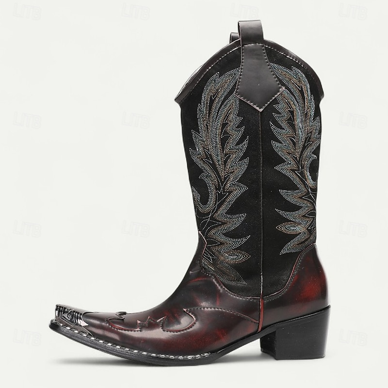 Men's Burgundy and Black Western Boots – Classic Two-Tone Cowboy Boots with Embroidery for Ranch Wear, Rodeos and Country Weddings4
