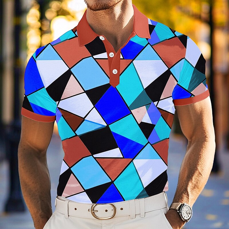 Men's Polo Vacation Street Turndown Short Sleeve Vacation Geometric Color Block Buttons Summer Spring Regular Fit Brown Yellow Green Purple Polo