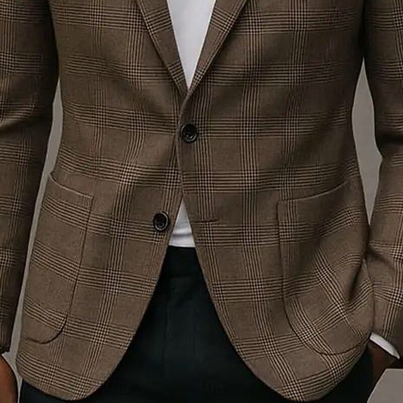 Men's Blazer Jacket Notch Collar Lightweight Plaid Blazer Brown Slim Fit Single Breasted Two-buttons3