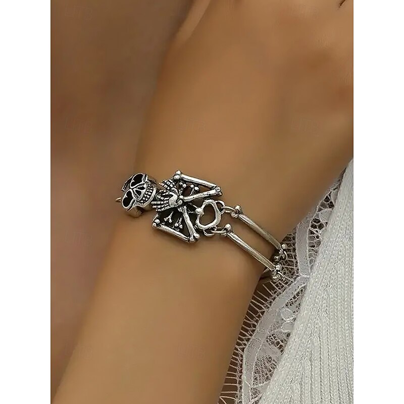 Women's Halloween Skeleton Bracelet – Silver Alloy with Skeleton and Broomstick Design – Adjustable Chain, Perfect for Halloween Costumes and Parties2