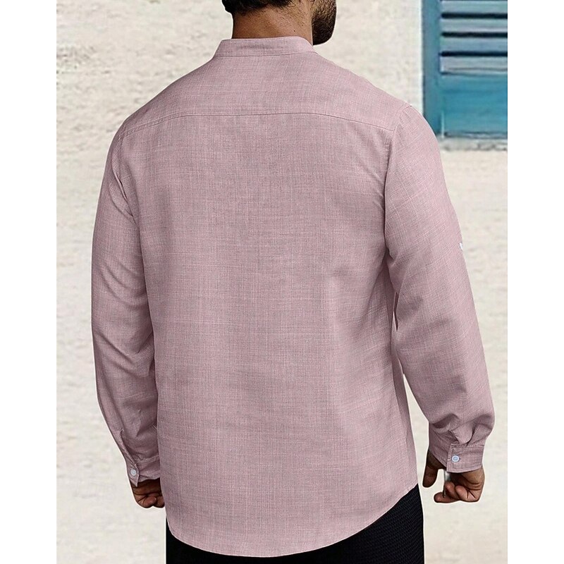Men's Shirt Popover Shirt Summer Shirt Casual Shirt Beach Shirt Black White Light Green Pink Light Blue Long Sleeve Plain Band Collar Vacation Hawaiian Clothing Apparel Polyester Fashion Casual2