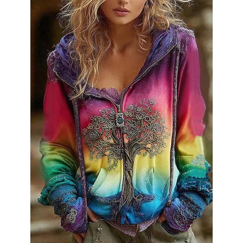 Women's 3D Print Vintage Boho Hoodie Patchwork Hoodie Sweatshirt Floral Zip Up s Floral Punk Active Vintage Long Sleeve Hooded Regular Tops Home Dailywear Casual Yellow Pink Blue Purple Fall Winter3