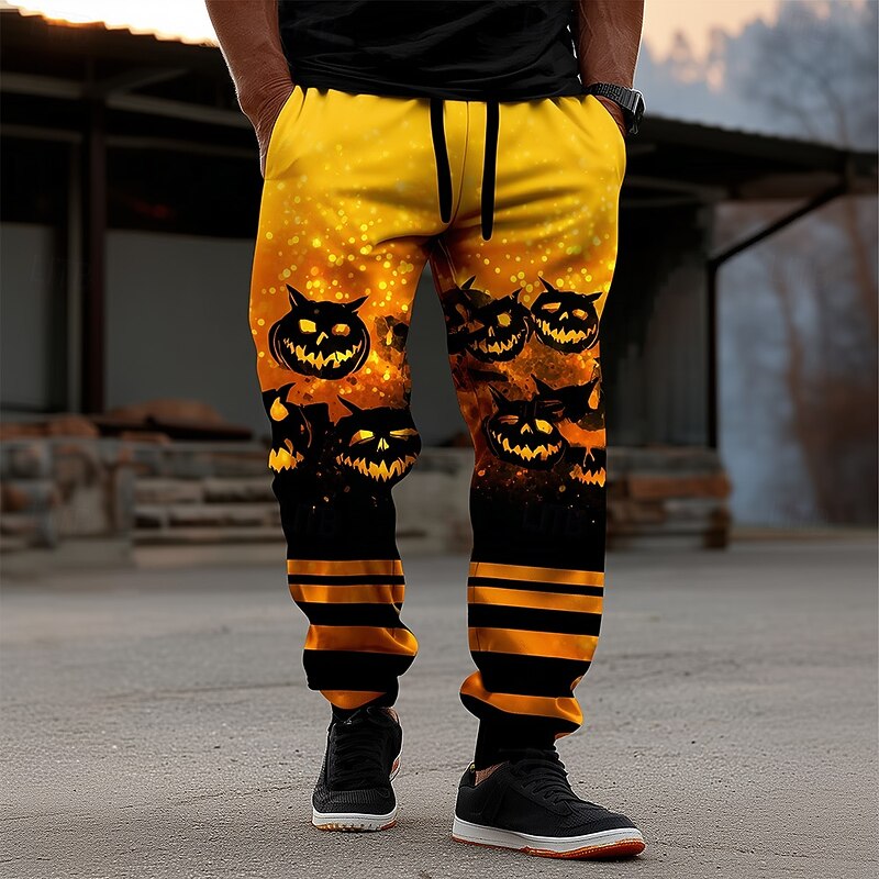 Men's Pumpkin Bat Halloween Costumes Sweatpants Joggers Trousers Mid Waist Drawstring Elastic Waist Casual Jogging Streetwear Workout Athletic Sweatpants with Pockets Spring Fall 3D Print Yellow2
