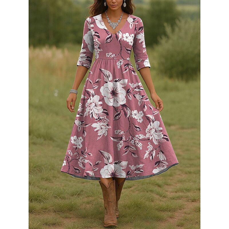 Women's Midi Dress Casual Dress A Line Dress Vacation Casual Regular Fit Floral Graphic 3/4 Length Sleeve V Neck Pink Blue Purple Green Spring Fall4