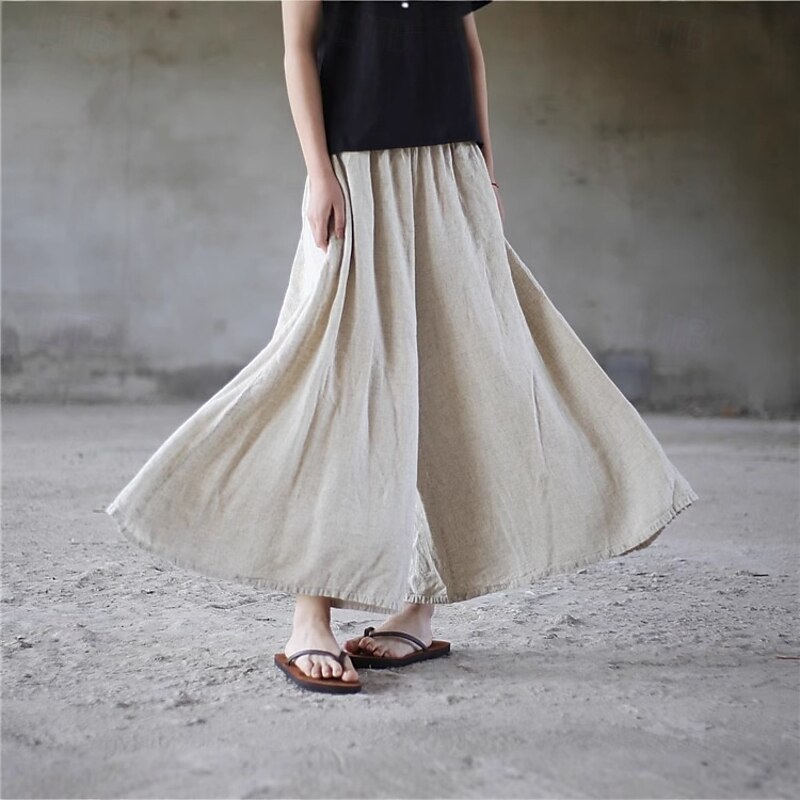 Women's  Linen Viscose Culottes Wide Leg Vacation Vintage Ethnic Style Full Length Mid Waist Solid Color Comfy Breathability Soft Micro-elastic Vacation Home Casual Beige Summer Spring Fall Oversized