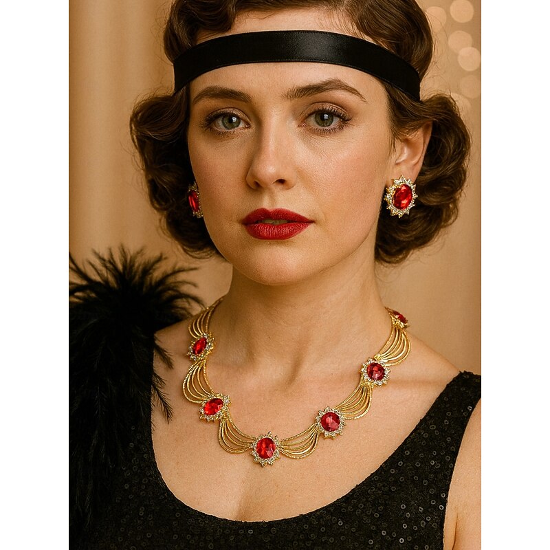Women's Gatsby Party Jewelry Set - Gold-Plated Green Crystal Necklace and Earrings with Vintage 1920s Art Deco Style for Retro Costumes and Evening Events3
