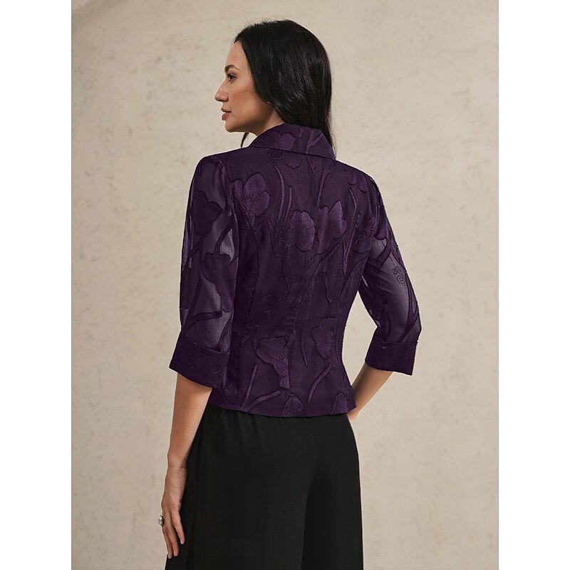 Women's Blazer Lightweight Lace Tie Knot Dressy Tunic Asymmetric Elegant Stylish Floral Wedding Guest Work Daily Open Front Regular V Neck Regular Fit 3/4 Length Sleeve Outerwear Eggplant Summer4