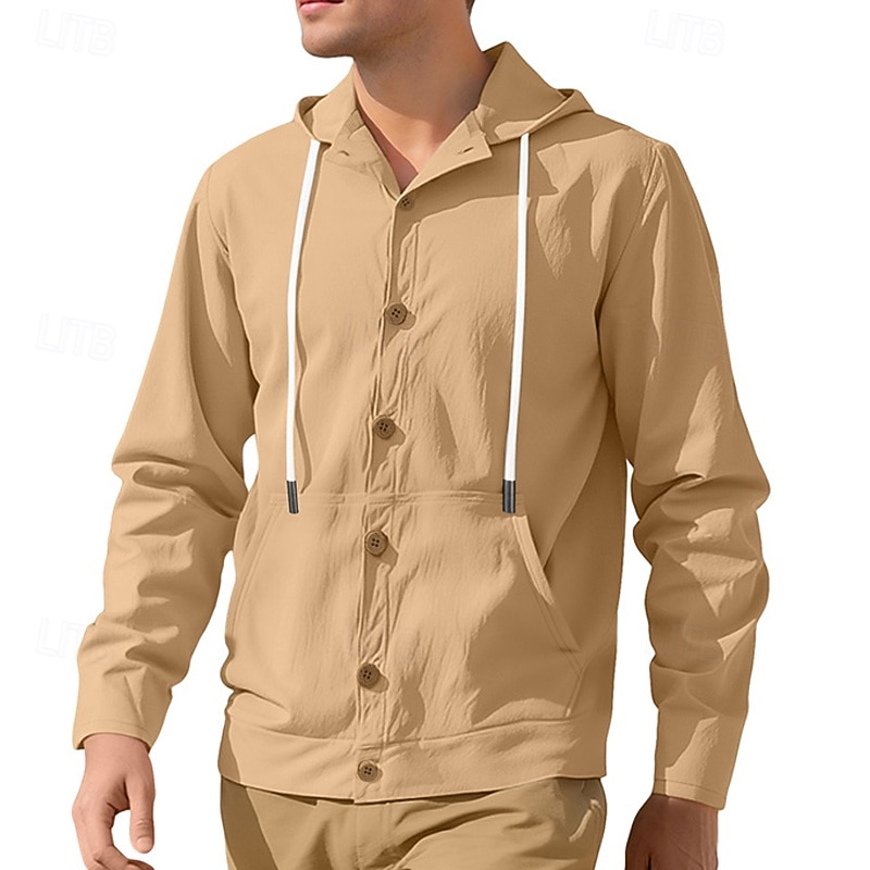 Men's Lightweight Jacket Casual Jacket Vacation Daily Breathable Drawstring Pocket Spring Fall Plain Fashion Classic Hooded Regular Black White Yellow Navy Blue Khaki Jacket2