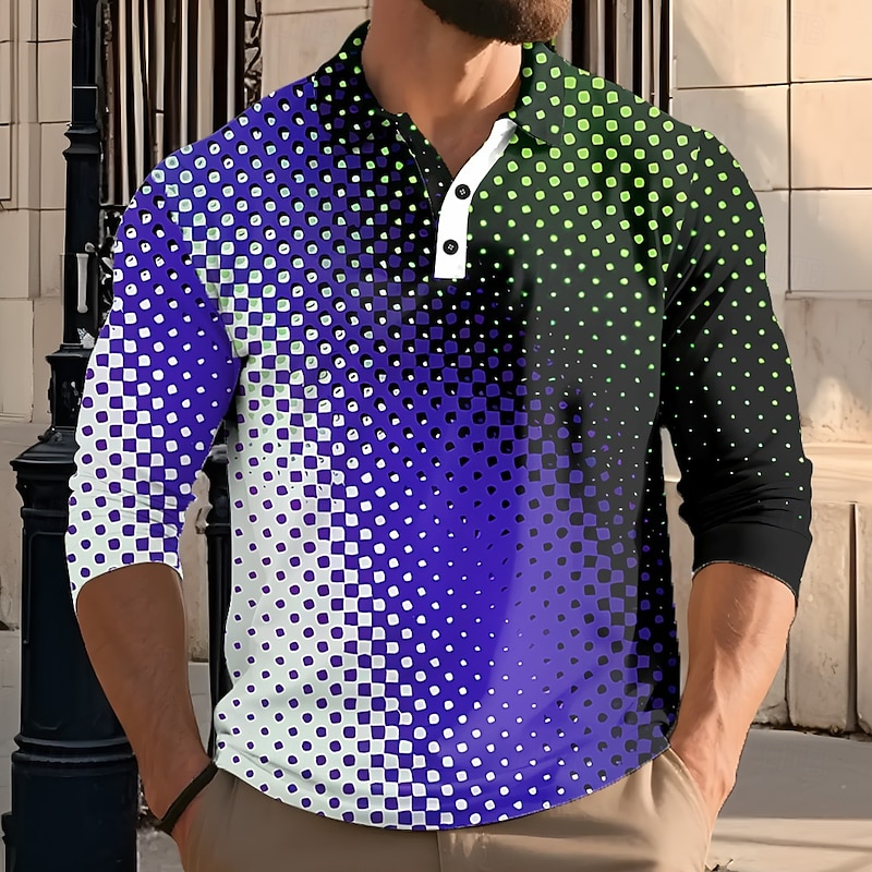 Men's Abstract Geometic Polo Long Sleeve Polo Shirts Lapel Casual Athleisure Daily Wear 3D Print Buttons Spring Fall Winter Red Blue Green2