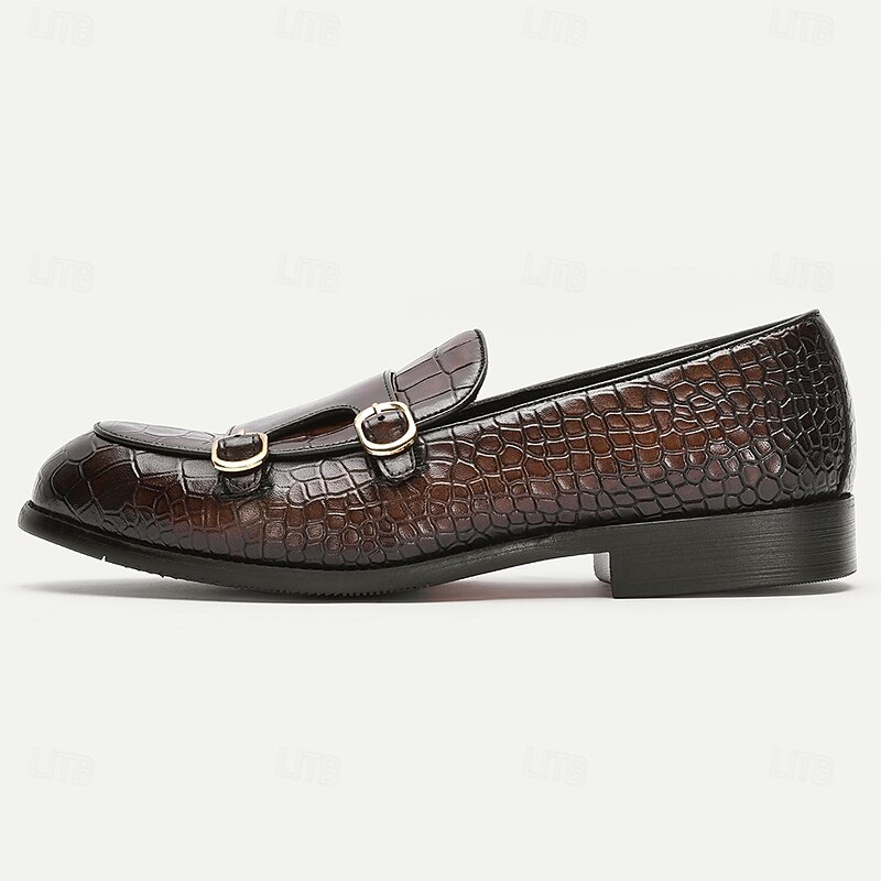 Men's Brown Crocodile Pattern Double Monk Strap Loafers – Slip-On Leather Dress Shoes for Business, Parties and Semi-Formal Occasions3