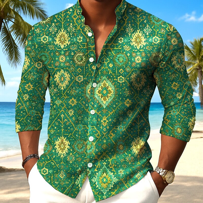 Men's Floral Print Ethnic Flowers Shirt Button Up Shirt Stand Collar Shirt Long Sleeve Vintage Retro Outdoor Vacation Daily Spring Fall Mandarin Collar Band Collar 3D Print Linen Like Shirt Blue3