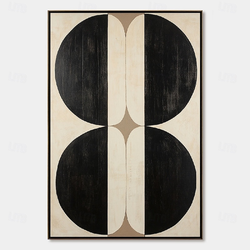 Handmade Geometric Abstract Oil Painting Symmetrical Black Semicircles Cream Beige Background Textured Impasto Brushstrokes Central Bronze Diamond Layered Paint Minimalist Art Modern Wall Decor2