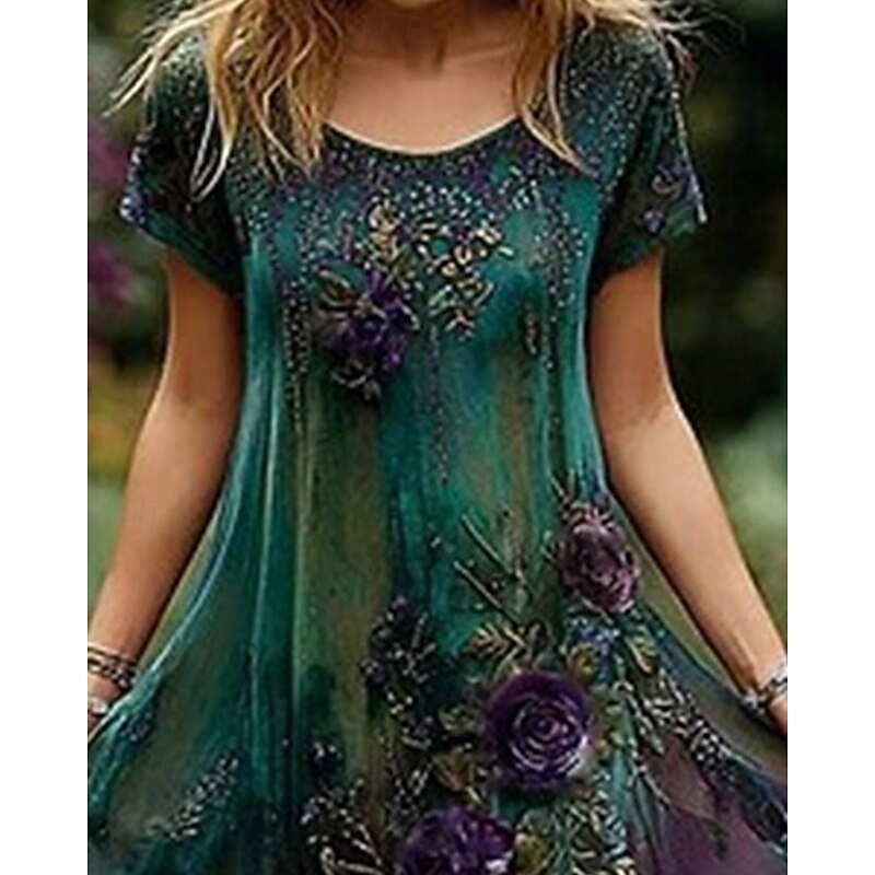 Women's Midi Dress Casual Dress Summer Dress Fashion Outdoor Party Holiday Regular Fit Flower Short Sleeve Crew Neck Green Summer2