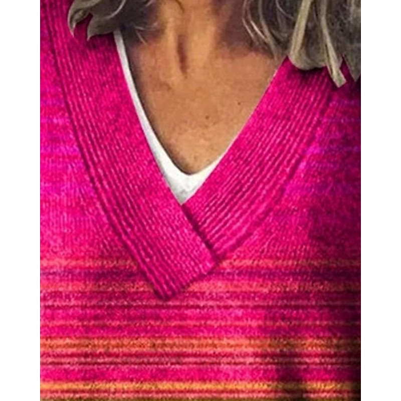 Women's Sweater Fashion Color Block Ribbed V Neck Knitted Long Sleeve Regular Tops Knit Holiday Going out Weekend Yellow Fall3