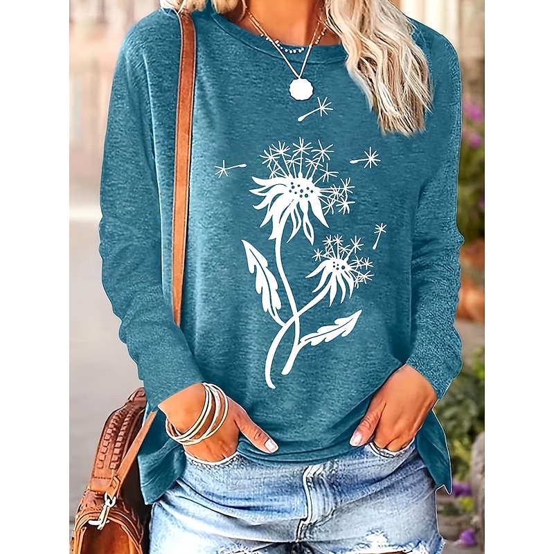 Women's T Shirt Floral Graphic Plants Vintage Stylish Classic Long Sleeve Crew Neck Round Neck Regular Tops Daily Print Black Dusty Rose Dusty Blue Khaki Summer Spring Fall