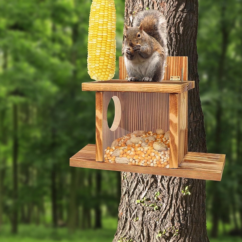 Squirrel Feeder, Wall Mounted Wooden Sturdy Structure Backyard Squirrel Canteen, Damp Proof Outdoor Log Squirrel Feeding Box for Garden, Tree3