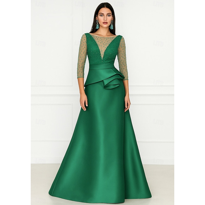 A-Line Evening Gown Elegant Dress Formal Wedding Guest Floor Length 3/4 Length Sleeve Illusion NeckDress Satin with Beading