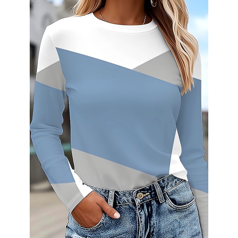 Women's T Shirt Graphic Geometric Color Block Vintage Stylish Classic Long Sleeve Crew Neck Round Neck Regular Tops Daily Print Light Blue Spring Fall Winter2