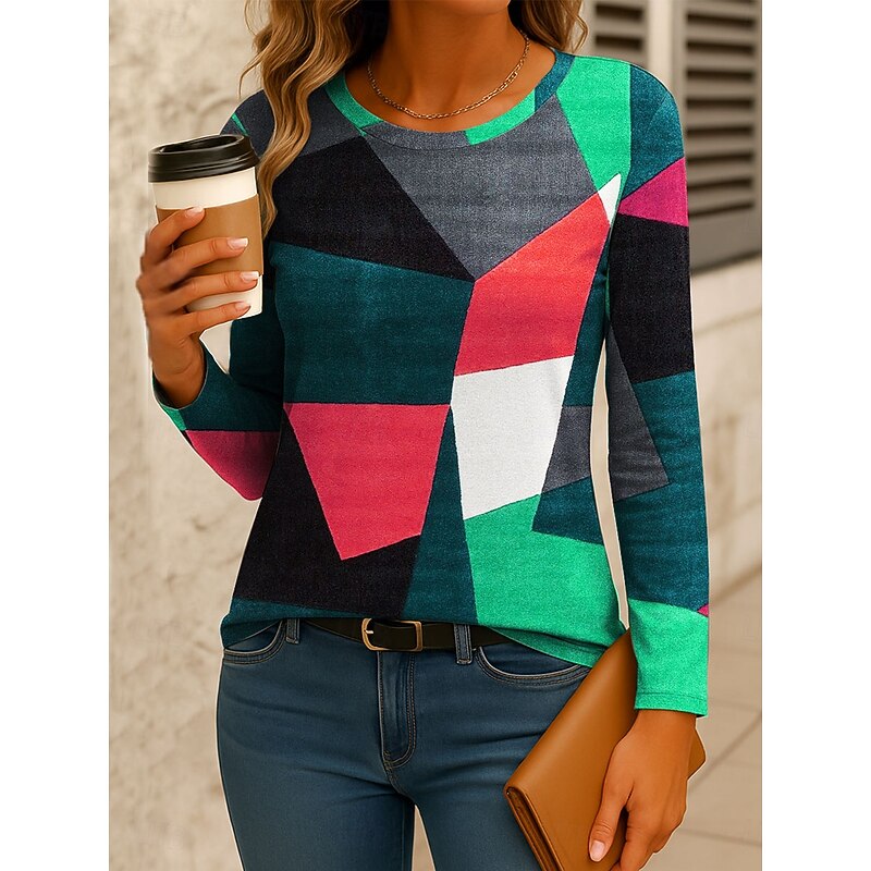 Women's T Shirt Graphic Geometric Color Block Vintage Stylish Classic Long Sleeve Crew Neck Regular Tops Daily Print Red Blue Orange Green Spring Fall Winter3