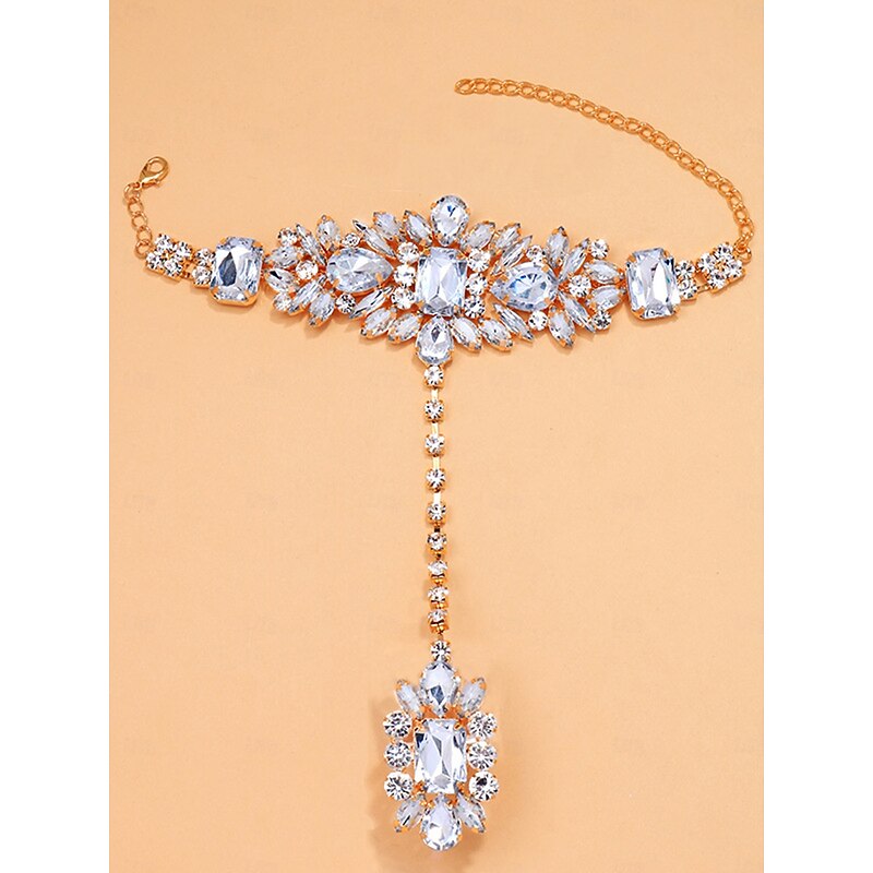 Women's Silver Rhinestone Hand Chain Bracelet with Statement Ring, Glamorous Jewelry for Parties and Special Occasions3