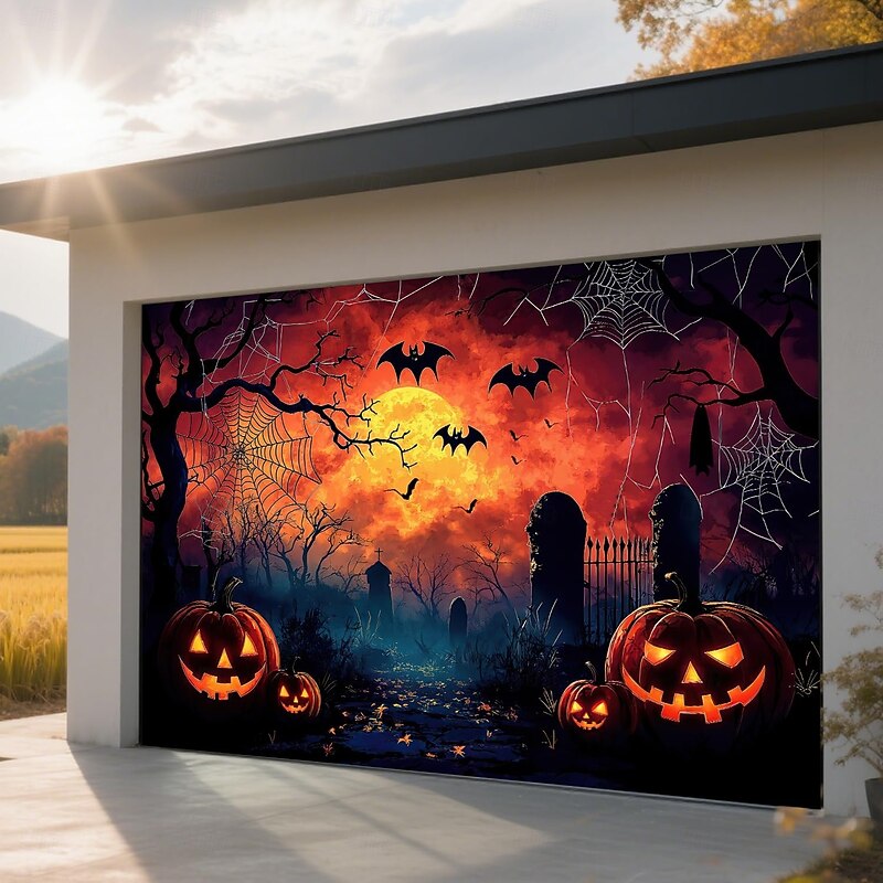 Halloween Tapestry Garage Door Cover Large Hanging Backdrop Pumpkin Cemetery Dark Punk Gothic Style Party Outdoor Shooting Backgrounds Front Door Home Decor4