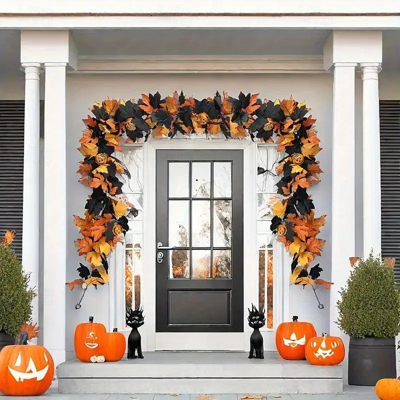 6ft Black Maple Leaf Rattan Garland Realistic Artificial Foliage with Orange, White, Pumpkin & Red Sunflower for Halloween Thanksgiving Christmas Party Decor
