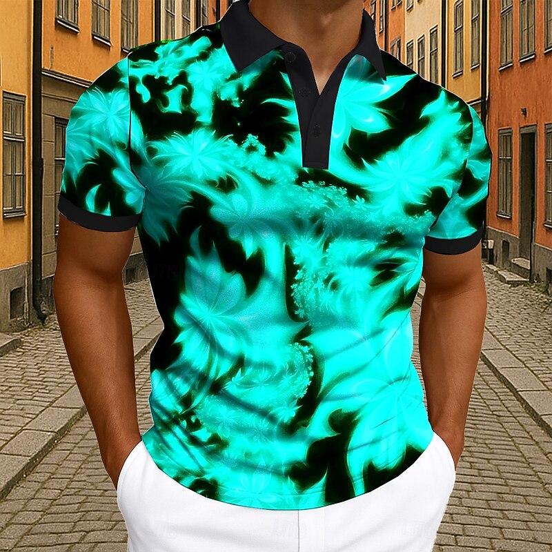 Men's Floral Polo Short Sleeve Polo Shirts Collared Shirts Casual Athleisure 3D Print Buttons Summer Lake blue Blue Green3