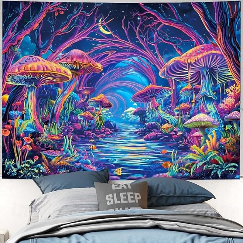 Mystic Mushroom Forest Blacklight Tapestry – Trippy Glow in the Dark Wall Hanging for Bedroom or Dorm Decor4