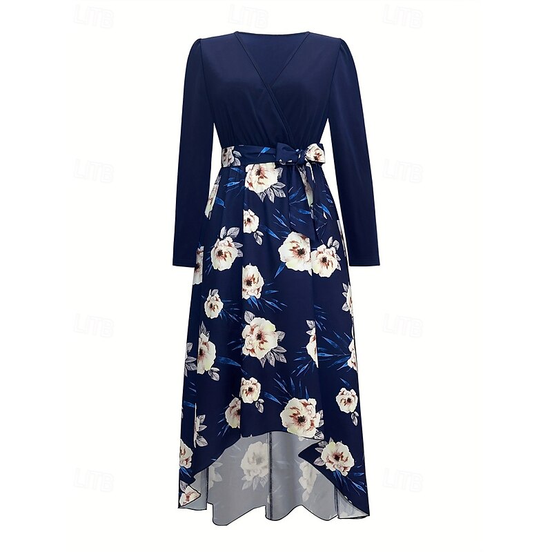 Women's Long Dress Maxi Dress Print Dress Fashion Outdoor Vacation Holiday Regular Fit Flower Long Sleeve V Neck Blue Fall3