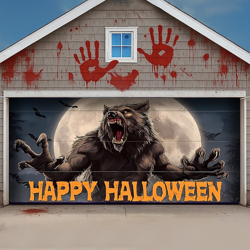 Halloween Garage Door Cover Large Hanging Backdrop Werewolf 3D Dark Punk Gothic Style Party Outdoor Shooting Backgrounds Yard Haunted House Home Decor4