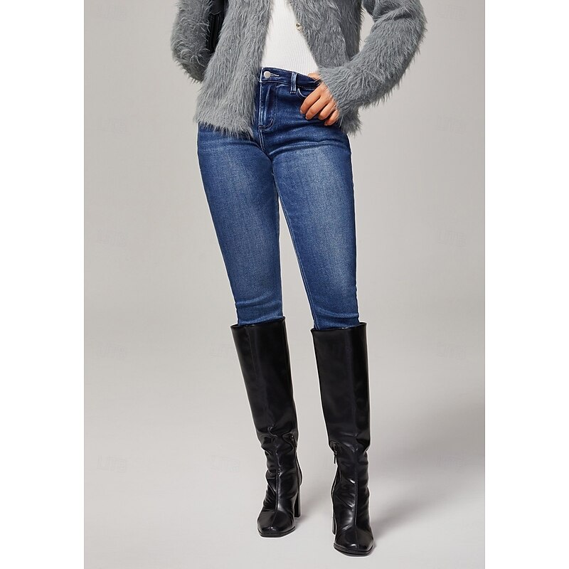 Women's Girlfriend Slim Stretch Ankle Jeans Cotton High Waist Dark Blue Denim Pants Relaxed Chic Stylish Comfortable Casual Versatile Daily Work Fall4