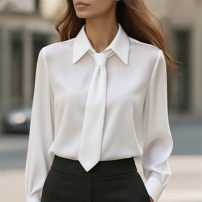 Women's Elegant Dressy Satin Work Shirt Plain Modern Casual Long Sleeve Shirt Collar Regular Tops Daily Holiday Patchwork Black White Pink Khaki Fall