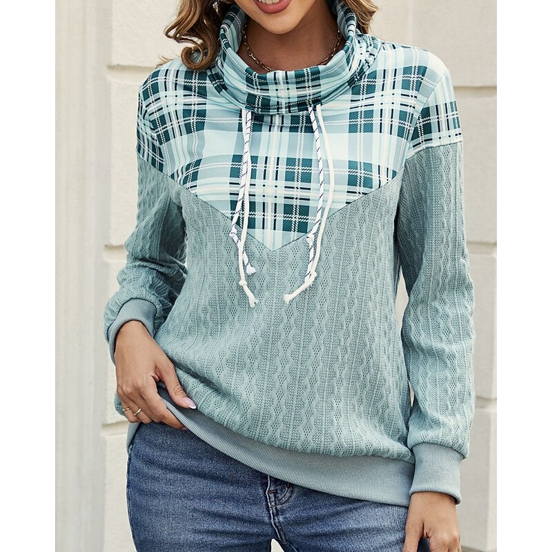 Women's Pullover Sweatshirt Plaid Streetwear Casual Long Sleeve Turtleneck Regular Tops Street Holiday Patchwork Pink Green Dark Gray Fall4