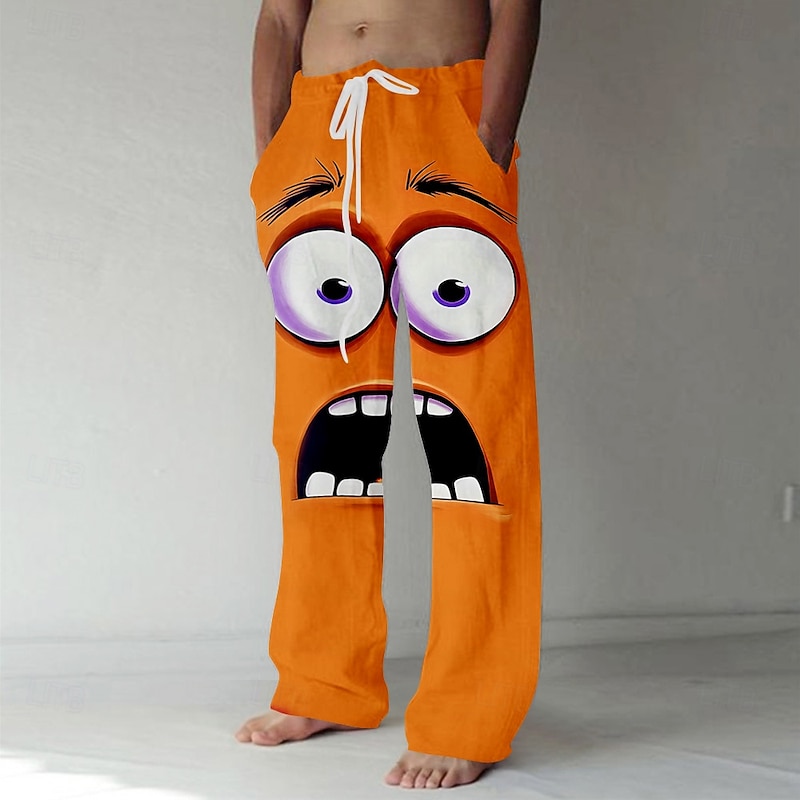 Men's 3D Cartoon Smile Face Trousers Baggy Pants Casual Pants Mid Waist Funny Outdoor Vacation Elastic Drawstring Waist Linen-Like Pants with Pockets Summer Spring Fall 3D Print Red Blue Purple