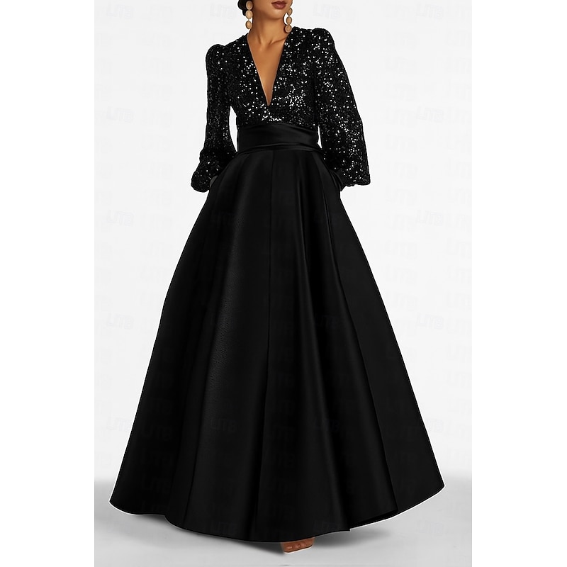 Green Black Sequined A-Line Evening Gown Elegant Dress Formal Wedding Floor Length Long Sleeve V Neck Pocket Satin with Glitter Pleats Pocket 20254