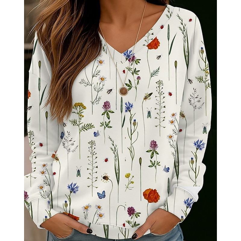 Women's Pullover Sweatshirt Floral Streetwear Casual Long Sleeve V Neck Regular Tops Street Holiday Going out Print White Yellow Red Green Fall