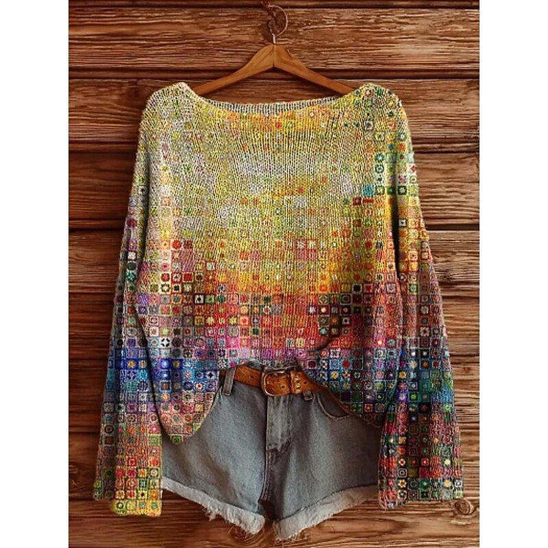 Women's Sweater Casual Soft Floral Geometric Stylish Modern Long Sleeve Crew Neck Regular Tops Daily Holiday Print Yellow Orange Green Rainbow Spring Fall Winter