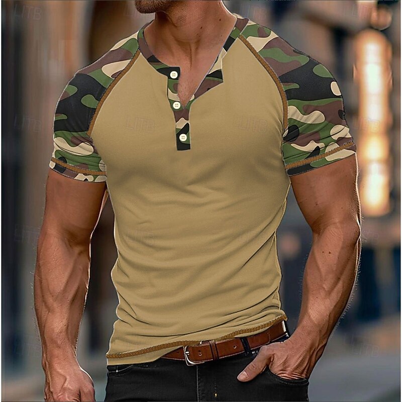 Men's Camouflage Henley Shirt T shirt Tee Short Sleeve Casual Casual Summer Black khaki Henley Henley T-Shirt