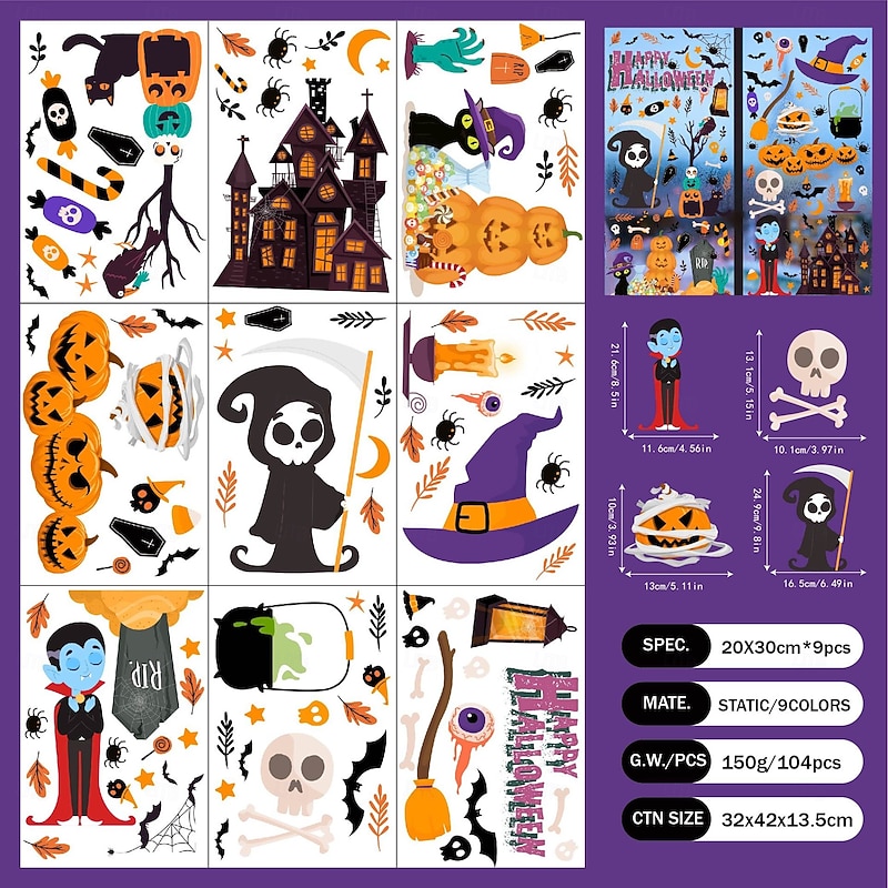 Halloween Window Cling Wall Sticker, Grim Reaper Skeleton Pumpkin Glass Stickers, Removable Static Clings for Living Room Window Decoration Halloween Party Home Decor3
