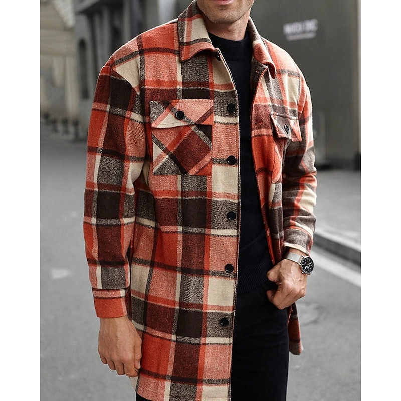 Men's Lightweight Jacket Shirt Jacket Casual Jacket Shacket Vacation Daily Thermal Warm Pocket Spring Fall Plaid Fashion Classic Lapel Regular Black Wine Orange Khaki Army Green Jacket2
