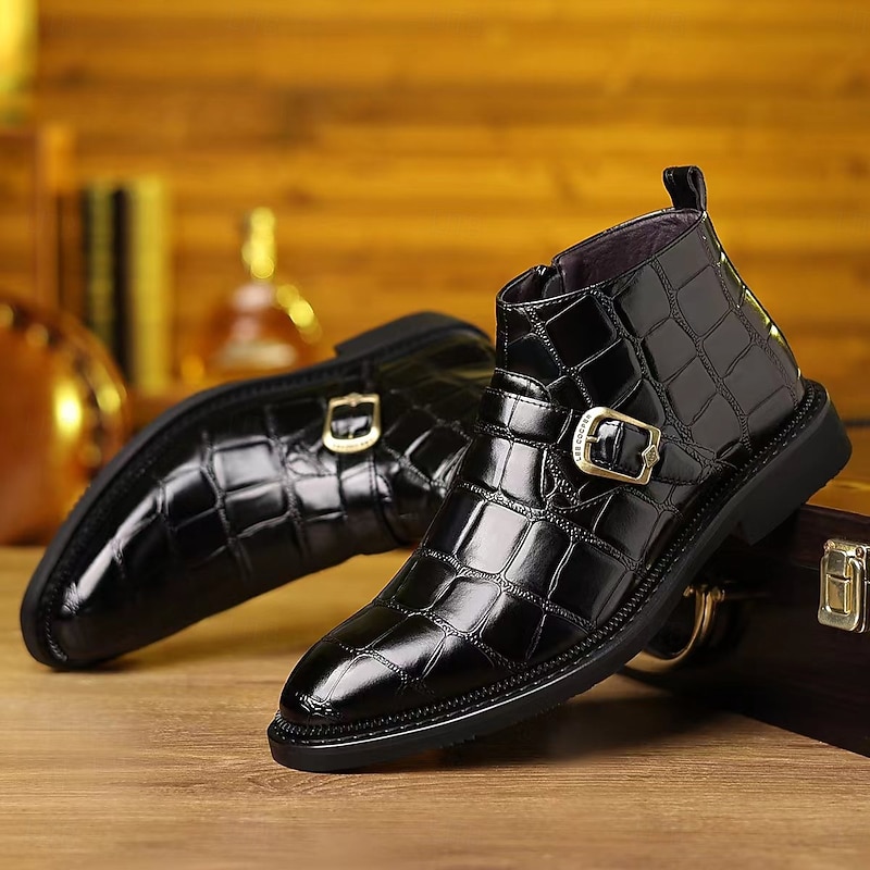 Men's Brown Crocodile Embossed Monk Strap Boots – Vintage Faux Leather Buckle Ankle Boots for Formal Events and Stylish Fall Outfits4
