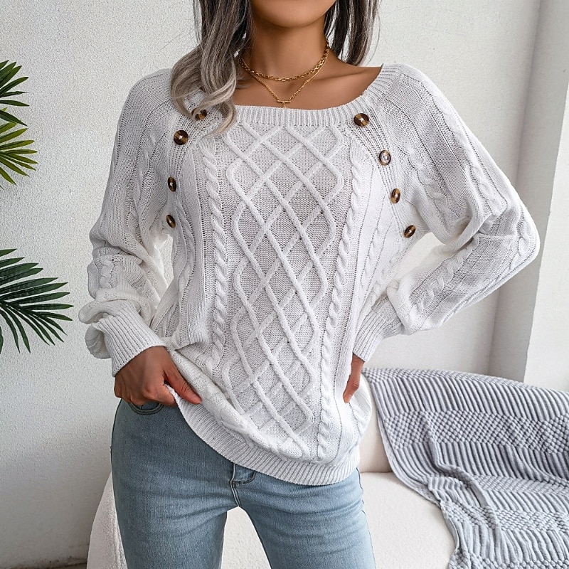 Women's Sweater Casual Solid Color Cable Square Neck Buttons Knitted Long Sleeve Regular Tops Knit Holiday Going out Weekend White Army Green Fall3