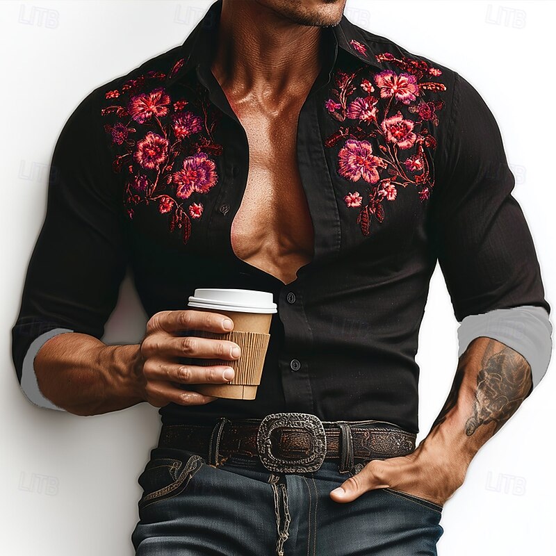 Men's Floral Print Flowers Shirt Western Shirt Cowboy Shirt Long Sleeve Vintage Retro Outdoor Vacation Spring Fall Turndown 3D Print Linen Like Shirt Black Red Blue Purple Green4