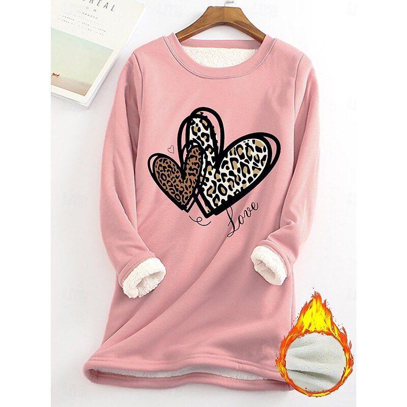 Women's Pullover Sweatshirt Fleece Lined Warm Pajamas Heart Graphic Warm Casual Fuzzy Long Sleeve Crew Neck Long Tops Street Casual Light Pink Yellow Dark Pink Red Blue Spring Fall Winter