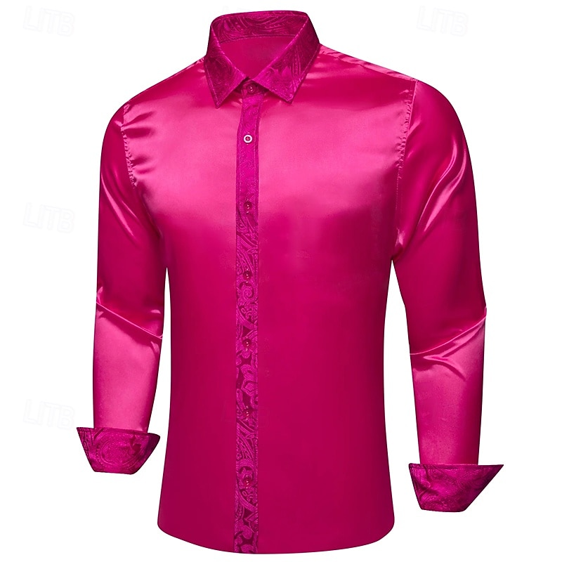 Men's Shirt Silk Like Satin Shirt Casual Shirt Button Up Shirt Prom Shirt Plain Formal Wedding Pink Long Sleeve Lapel Spring &  Fall All Seasons Clothing Apparel2