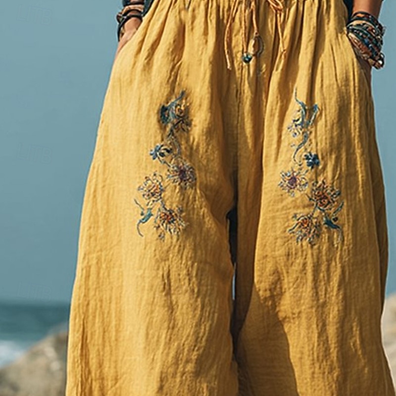 Women's Wide Leg Pants Trousers Palazzo Pants Fashion Boho Full Length High Waist Flower Drawstring Elastic Waist Print Breathability Comfortable Street Daily Wear Going out Yellow Spring Fall2