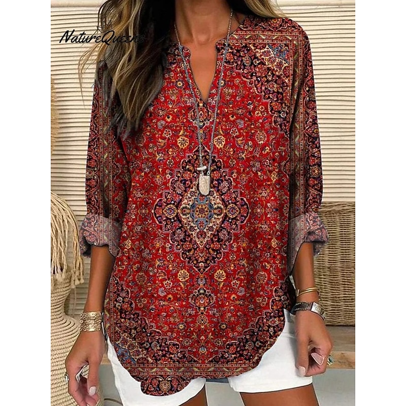 Women's Blouse Tunic V Neck Long Sleeve Boho Casual Ombre Graphic Geometric Vintage Daily Stylish Regular Tops Daily Print White Blue Sky Blue Light Purple Purple Fall