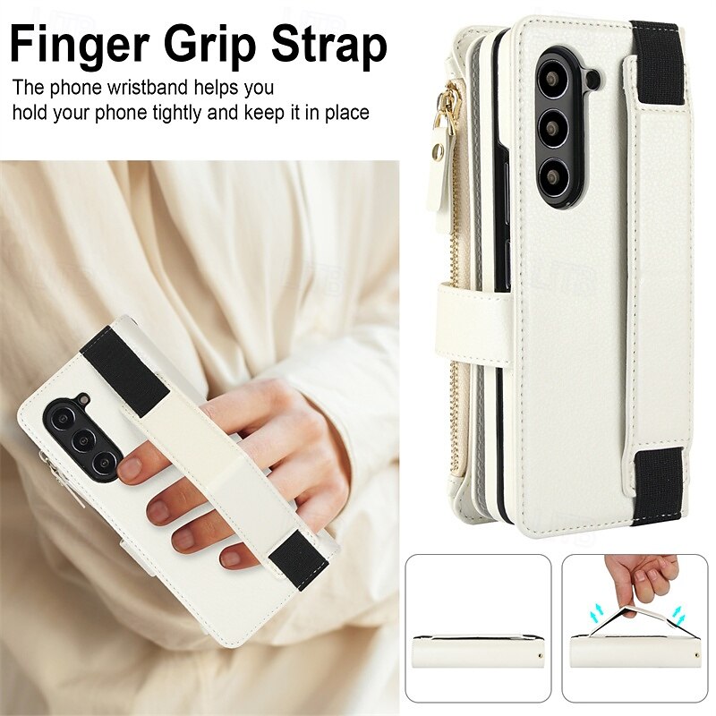 Phone Case For Samsung Galaxy Z Fold 7 Z Fold 6 Z Fold 5 Z Fold 4 Wallet Case Zipper with Wrist Strap Card Slot Retro PC PU Leather2