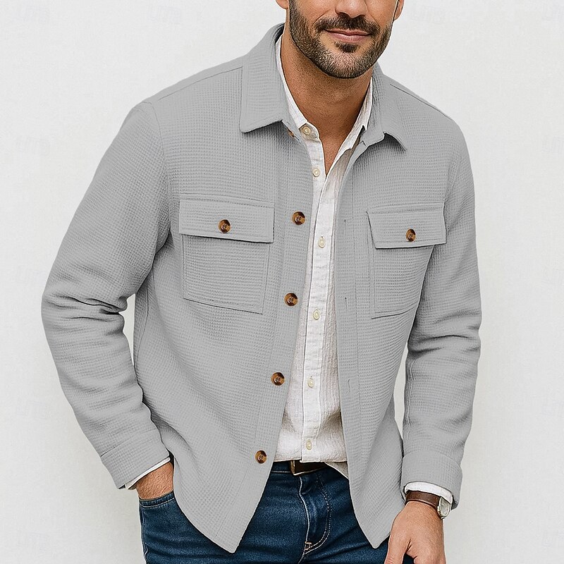 Men's Lightweight Jacket Waffle Jacket Shirt Jacket Casual Jacket Vacation Casual Breathable Pocket Button-Down Spring Fall Plain Fashion Classic Lapel Regular Black White Wine Dark Green Khaki Jacket4